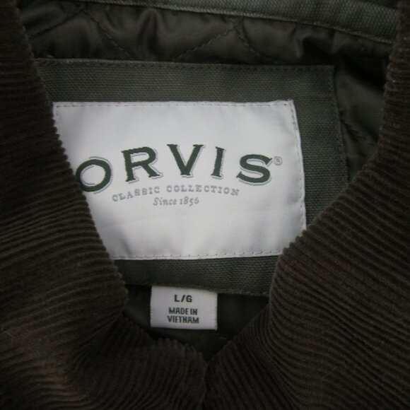 Vtg Orvis Men L Olive Green Barn Canvas Field Jacket Coat Corduroy Collar - Picture 4 of 13